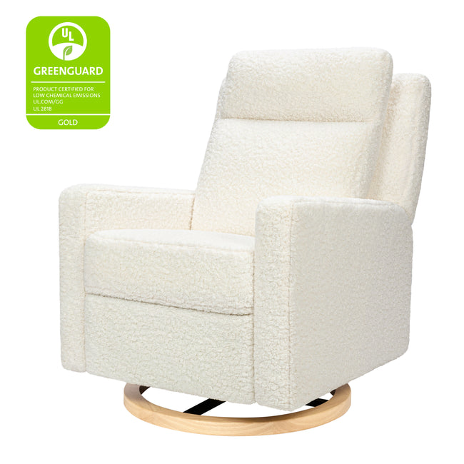 M23082CMSGLB,Babyletto,Sigi Pro Power Glider Recliner w/ Power Lumbar in Cream Shearling w/Light Wood Base