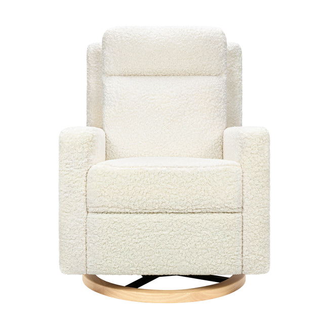 M23082CMSGLB,Babyletto,Sigi Pro Power Glider Recliner w/ Power Lumbar in Cream Shearling w/Light Wood Base