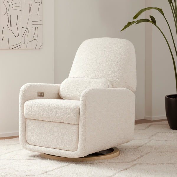 M23688WB,Ubabub,Arc Glider Recliner w/ Electronic Control and USB in Ivory Boucle w/ Light Wood Base