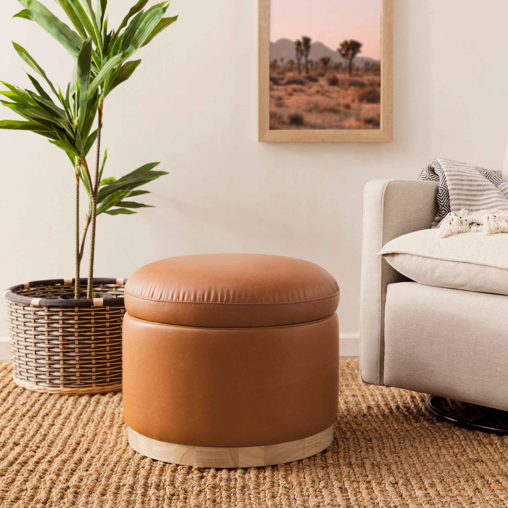 M22885TANLB,Babyletto,Naka Storage Ottoman in Vegan Tan Leather w/ Light Wood Base