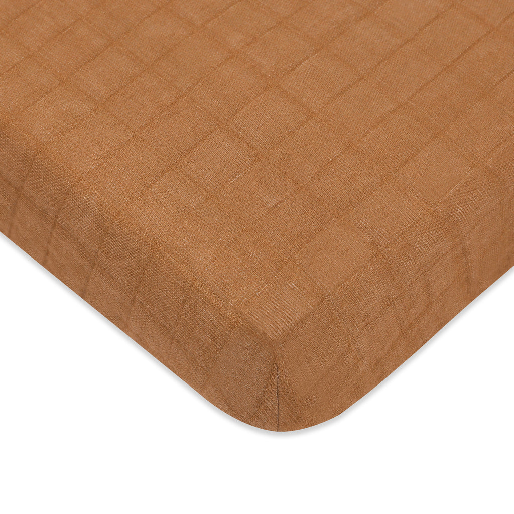 T29536BTS,Burnt Sienna Muslin Mini Crib Sheet in GOTS Certified Organic Cotton