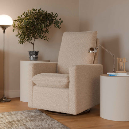M20987CSGDB,Babyletto,Cali Pillowback Swivel Glider in Chai Shearling w/ Dark Wood Base