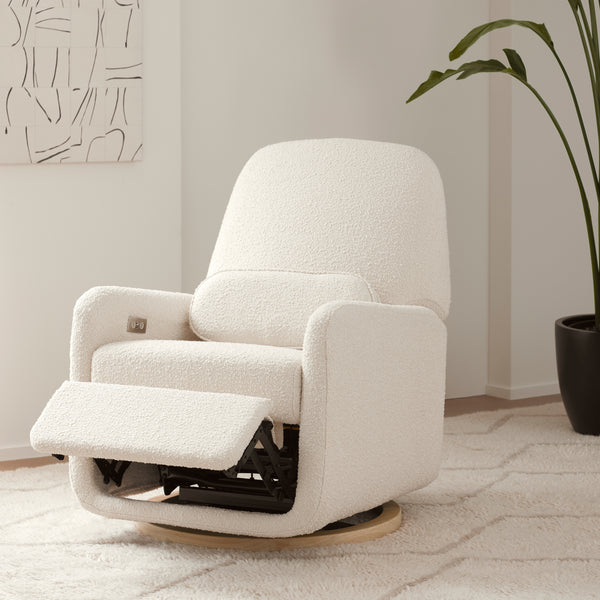 M23688WB,Ubabub,Arc Glider Recliner w/ Electronic Control and USB in Ivory Boucle w/ Light Wood Base