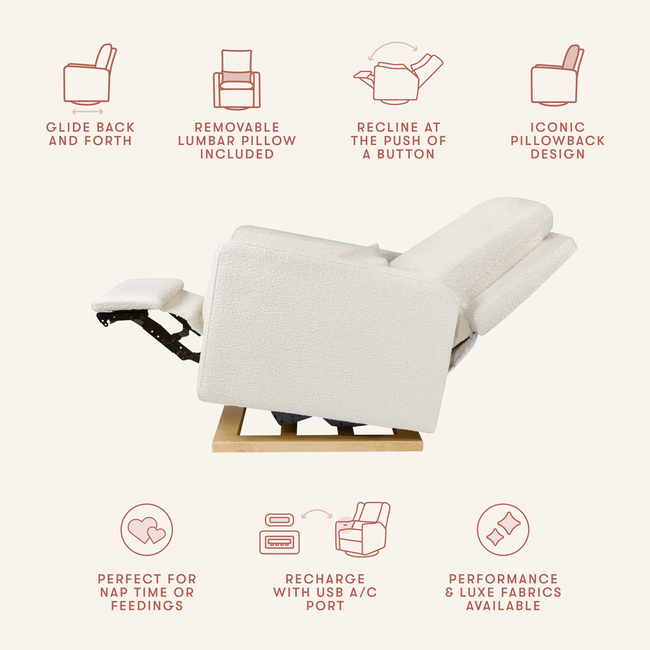 M23085WBLB,Babyletto,Sigi Glider Recliner w/ Electronic Control and USB in Ivory Boucle w/Light Wood Base