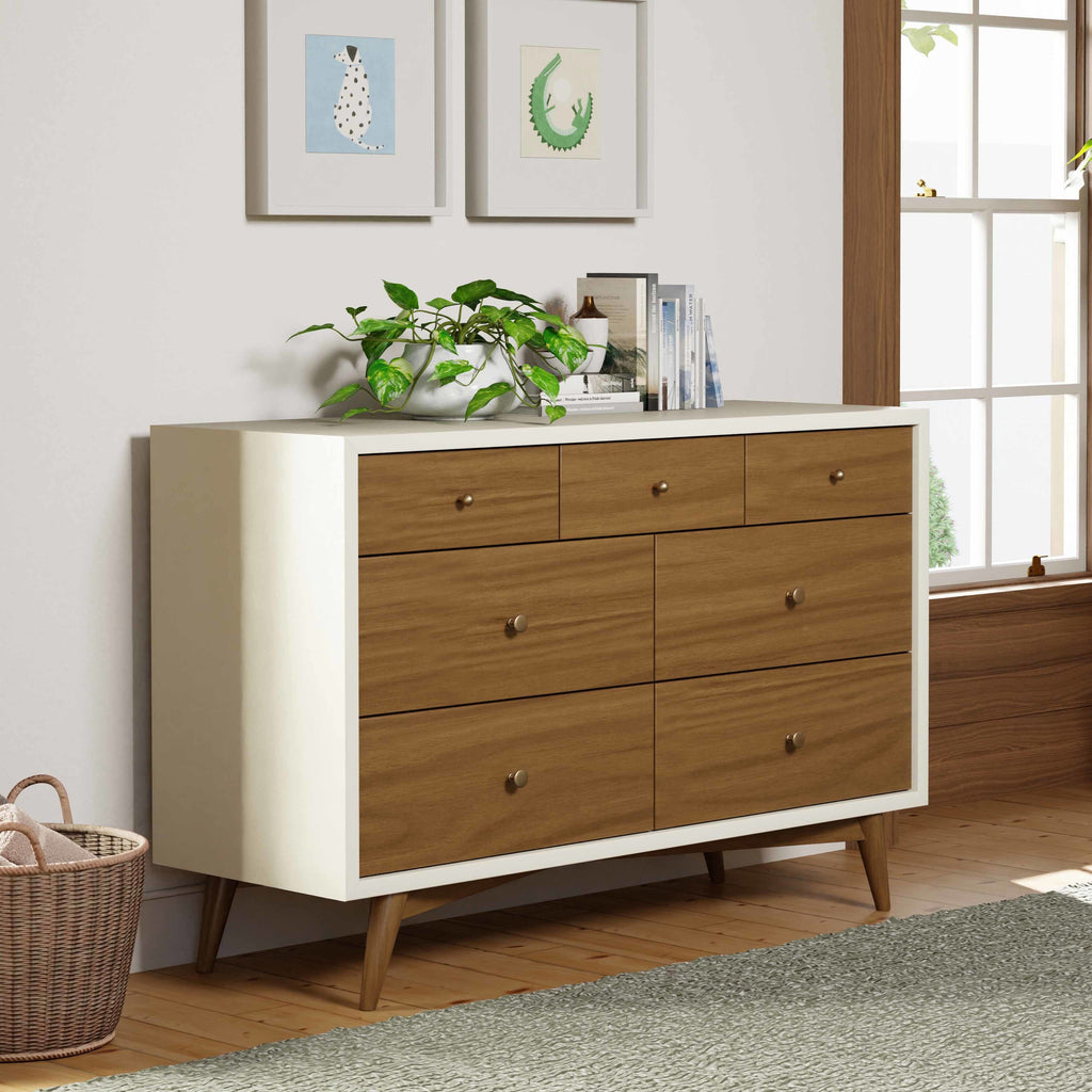 M15916RWNL,Babyletto,Palma 7-Drawer Double Dresser  Assembled in Warm White w/Natural Walnut