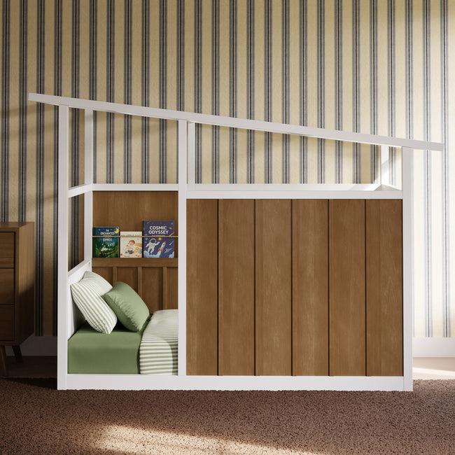 M15976NLW,Babyletto Kids,Palma Mid-Century House Twin Bed in Natural Walnut and White