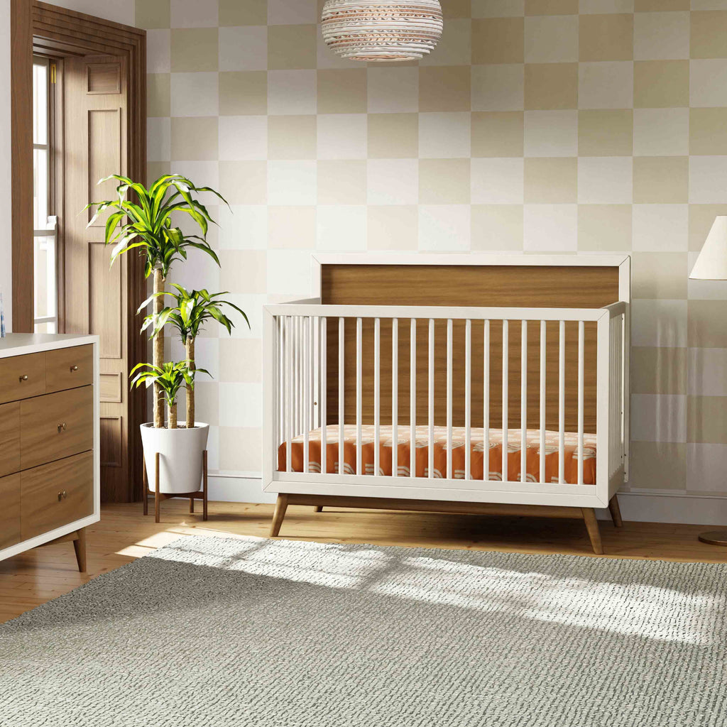 M15901RWNL,Babyletto,Palma Mid-Century 4-in-1 Convertible Crib w/ToddlerBedConversion in WarmWhite/Natural Walnut