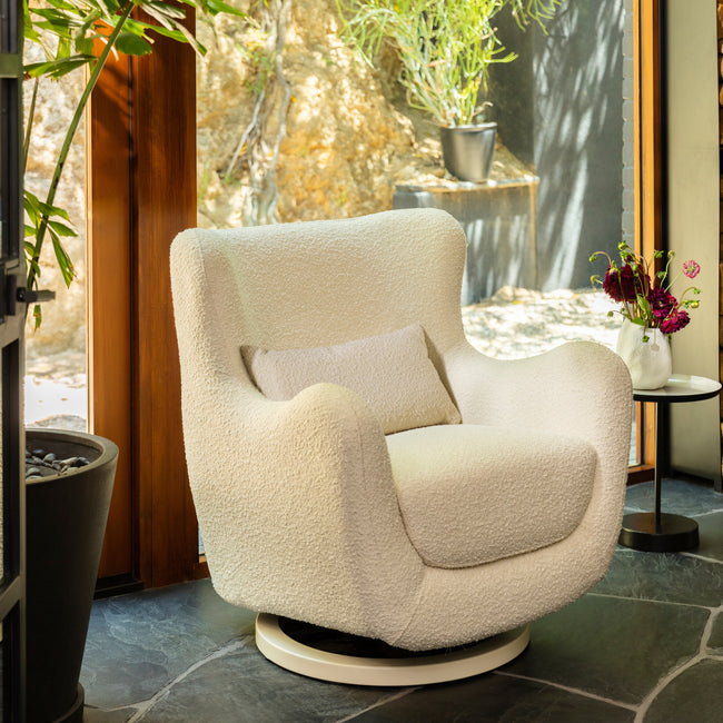 M24187WBIB,Nursery Works,Solstice Swivel Glider in Ivory Boucle w/Ivory Wood Base