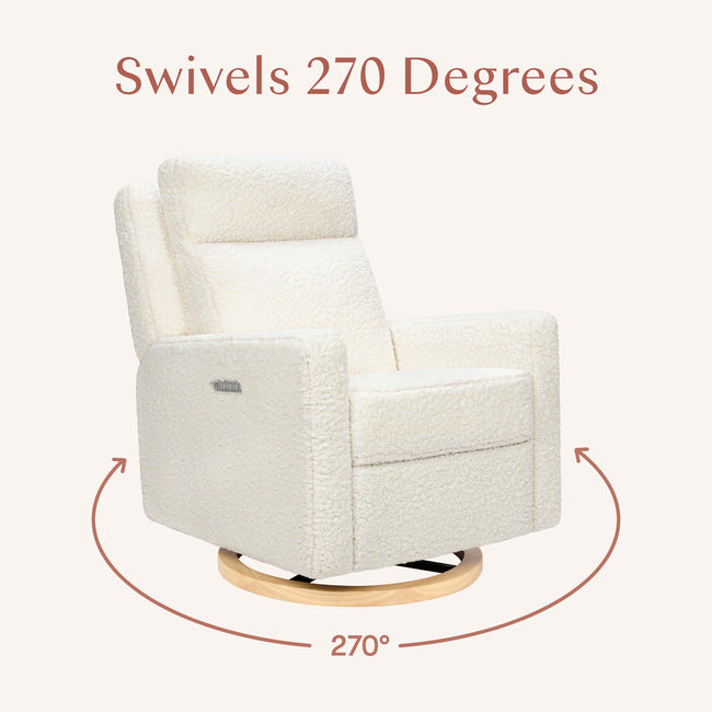 M23082CMSGLB,Babyletto,Sigi Pro Power Glider Recliner w/ Power Lumbar in Cream Shearling w/Light Wood Base
