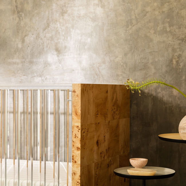 NW26101CKBU,Nursery Works,Altair Crib in Clear Acrylic with Burl