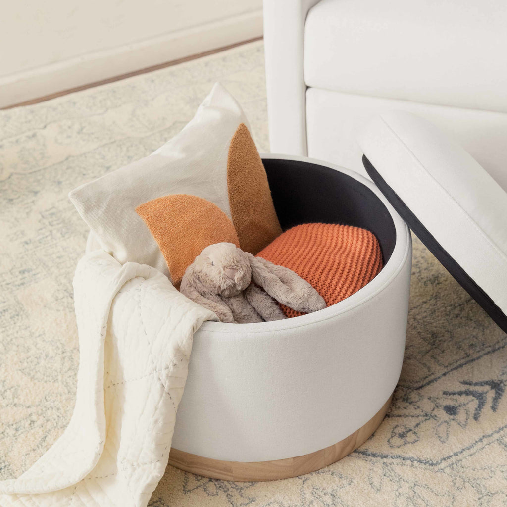 M22885PCMEWLB,Babyletto,Naka Storage Ottoman in Performance Cream Eco-Weave w/ Light wood base