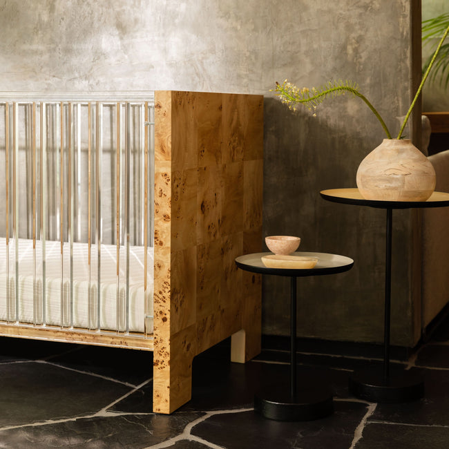 NW26101CKBU,Nursery Works,Altair Crib in Clear Acrylic with Burl