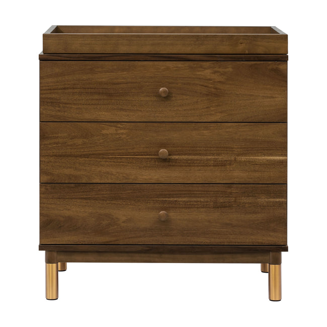 M12923NLGLD,Babyletto,Gelato 3-Drawer Changer Dresser  Gold Feet w/Removable Changing Tray in Natural Walnut