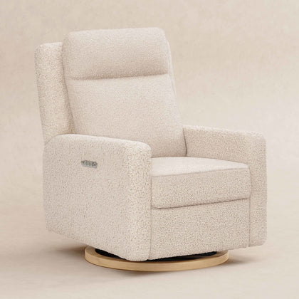 M23082ATLB,Babyletto,Sigi Pro Power Glider Recliner w/ Power Lumbar in Almond Teddy Loop w/Light Wood Base
