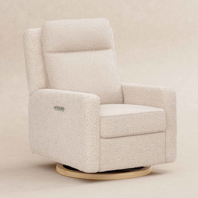 M23082ATLB,Babyletto,Sigi Pro Power Glider Recliner w/ Power Lumbar in Almond Teddy Loop w/Light Wood Base