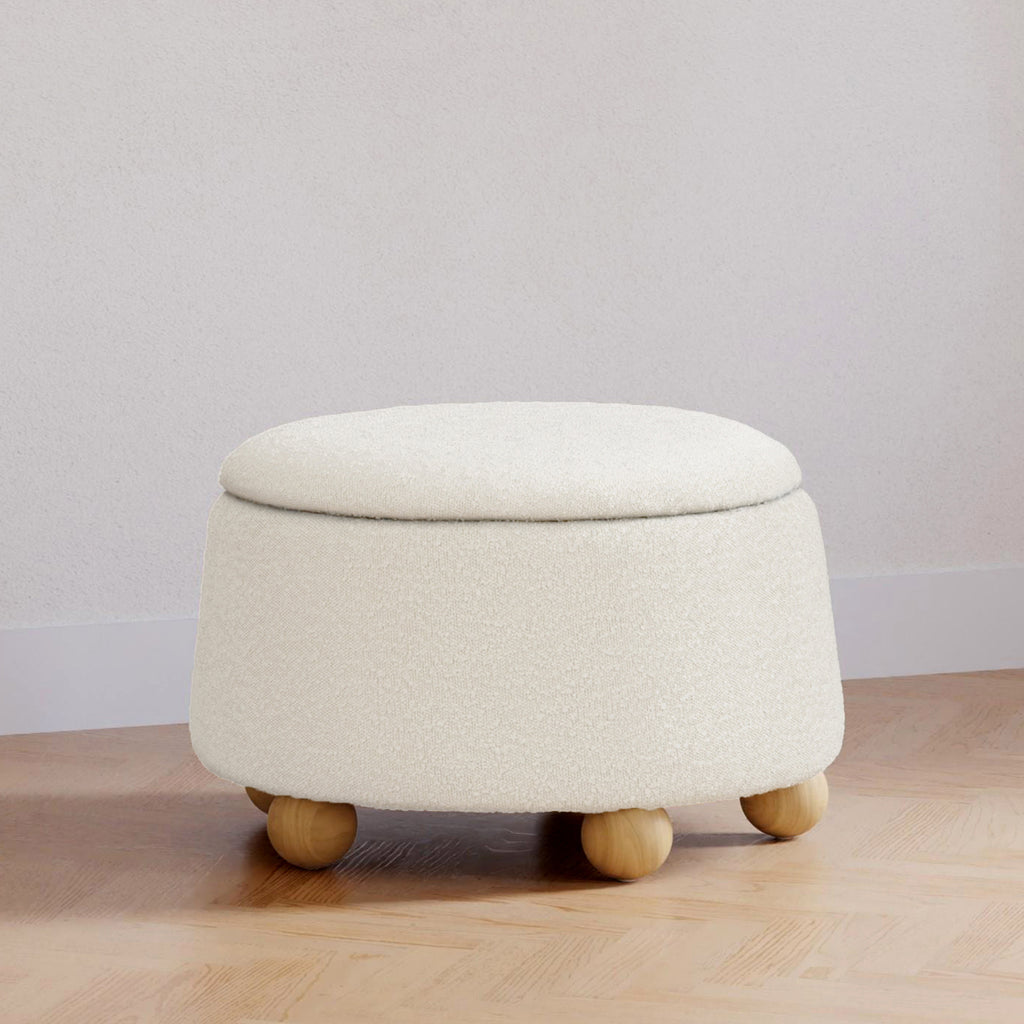 M30985PWBHF,Namesake,Tuffet Storage Ottoman in Performance Ivory Boucle w/Honey Ball Feet