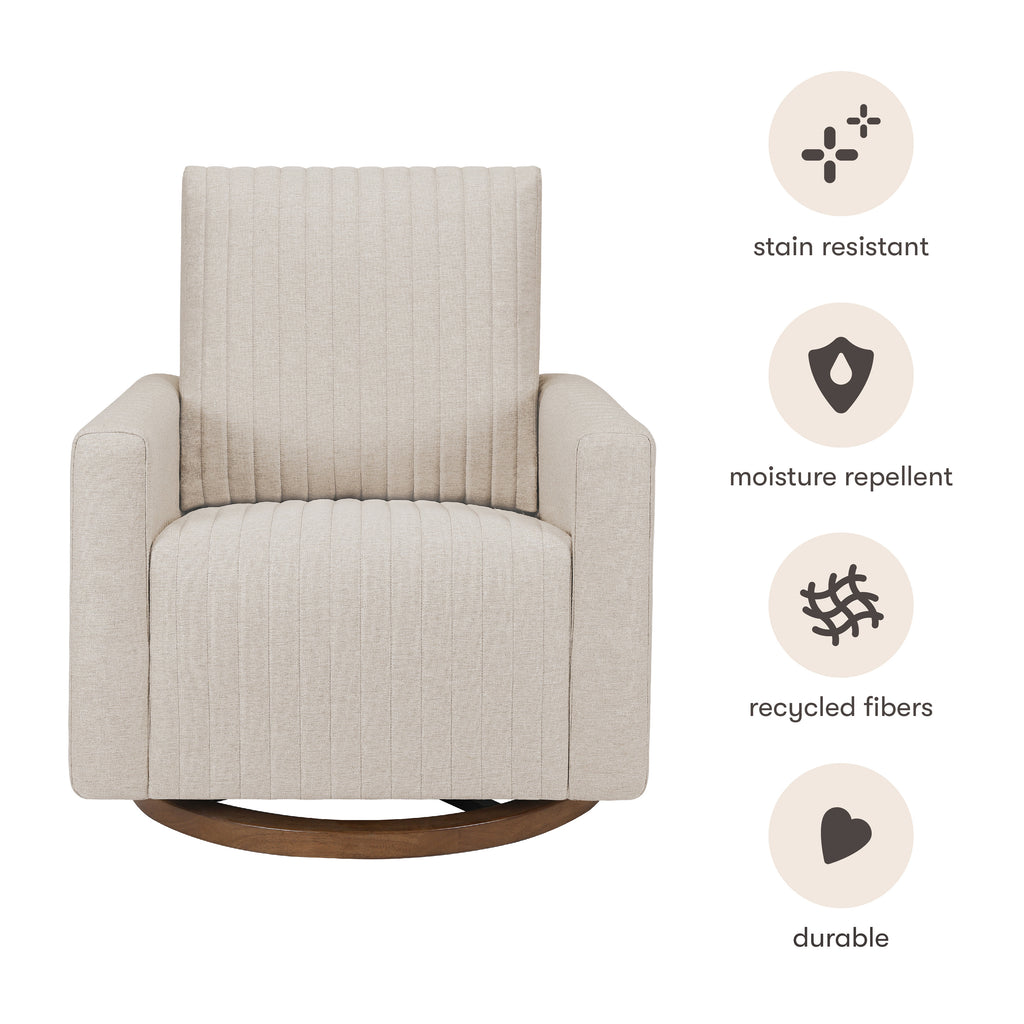 M26687PBEWDB,Babyletto,Poe Channeled Swivel Glider in Performance Beach Eco-Weave w/ Dark Wood Base