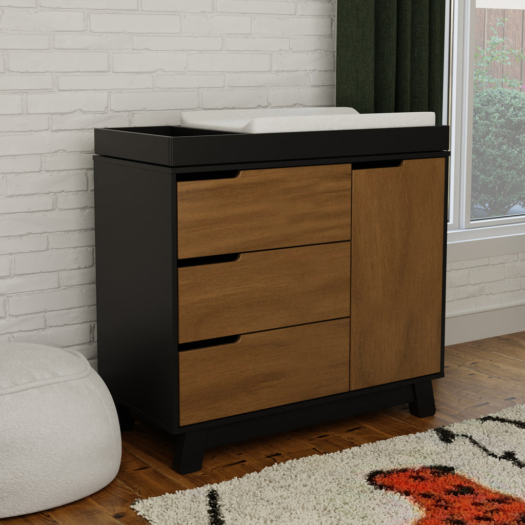 M4223BNL,Babyletto,Hudson 3-Drawer Changer Dresser w/Removable Changing Tray in Black/Natural Walnut