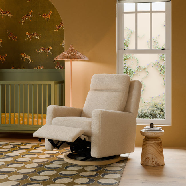 M23082ATLB,Babyletto,Sigi Pro Power Glider Recliner w/ Power Lumbar in Almond Teddy Loop w/Light Wood Base