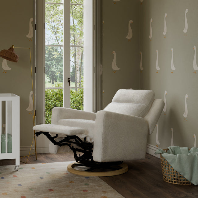 M23082CMSGLB,Babyletto,Sigi Pro Power Glider Recliner w/ Power Lumbar in Cream Shearling w/Light Wood Base