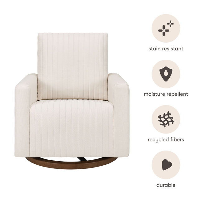 M26687PCMEWDB,Babyletto,Poe Channeled Swivel Glider in Performance Cream Eco-Weave w/ Dark Wood Base