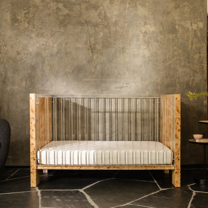 NW26101CKBU,Nursery Works,Altair Crib in Clear Acrylic with Burl
