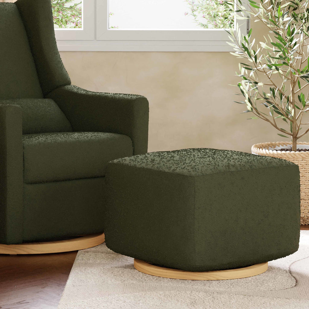 M26385OBLB,Babyletto,Kiwi Gliding Ottoman in Olive Boucle w/ Light Wood Base