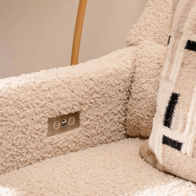 M11288ATLB,Babyletto,Kiwi Glider Recliner w/ Electronic Control and USB in Almond Teddy Loop w/ Light Wood Base