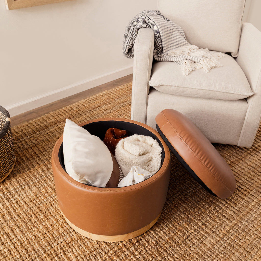 M22885TANLB,Babyletto,Naka Storage Ottoman in Vegan Tan Leather w/ Light Wood Base