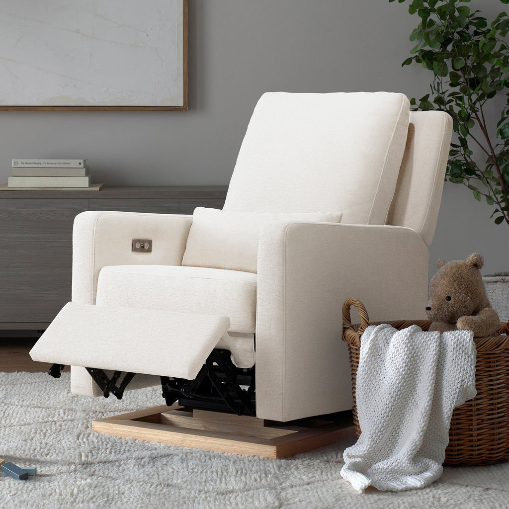 M23085PCMEWLB,Babyletto,Sigi Glider Recliner w/ Electronic Control and USB in Performance Cream Eco-Weave w/Light wood base