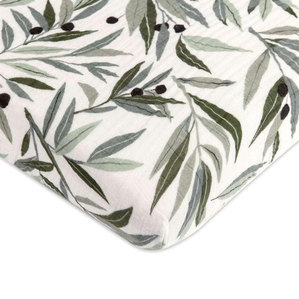 T28236,Babyletto,Olive Branches Muslin Mini Crib Sheet in GOTS Certified Organic Cotton