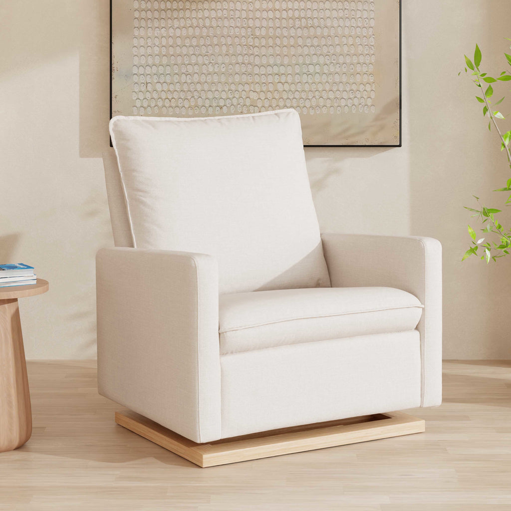 M20984PCMEWLB,Babyletto,Cali Pillowback Chair and a Half Glider in Performance Cream Eco-Weave w/ Light Wood Base