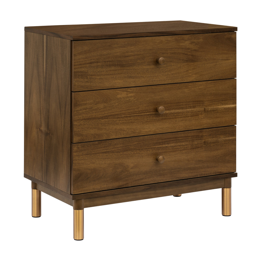 M12923NLGLD,Babyletto,Gelato 3-Drawer Changer Dresser  Gold Feet w/Removable Changing Tray in Natural Walnut