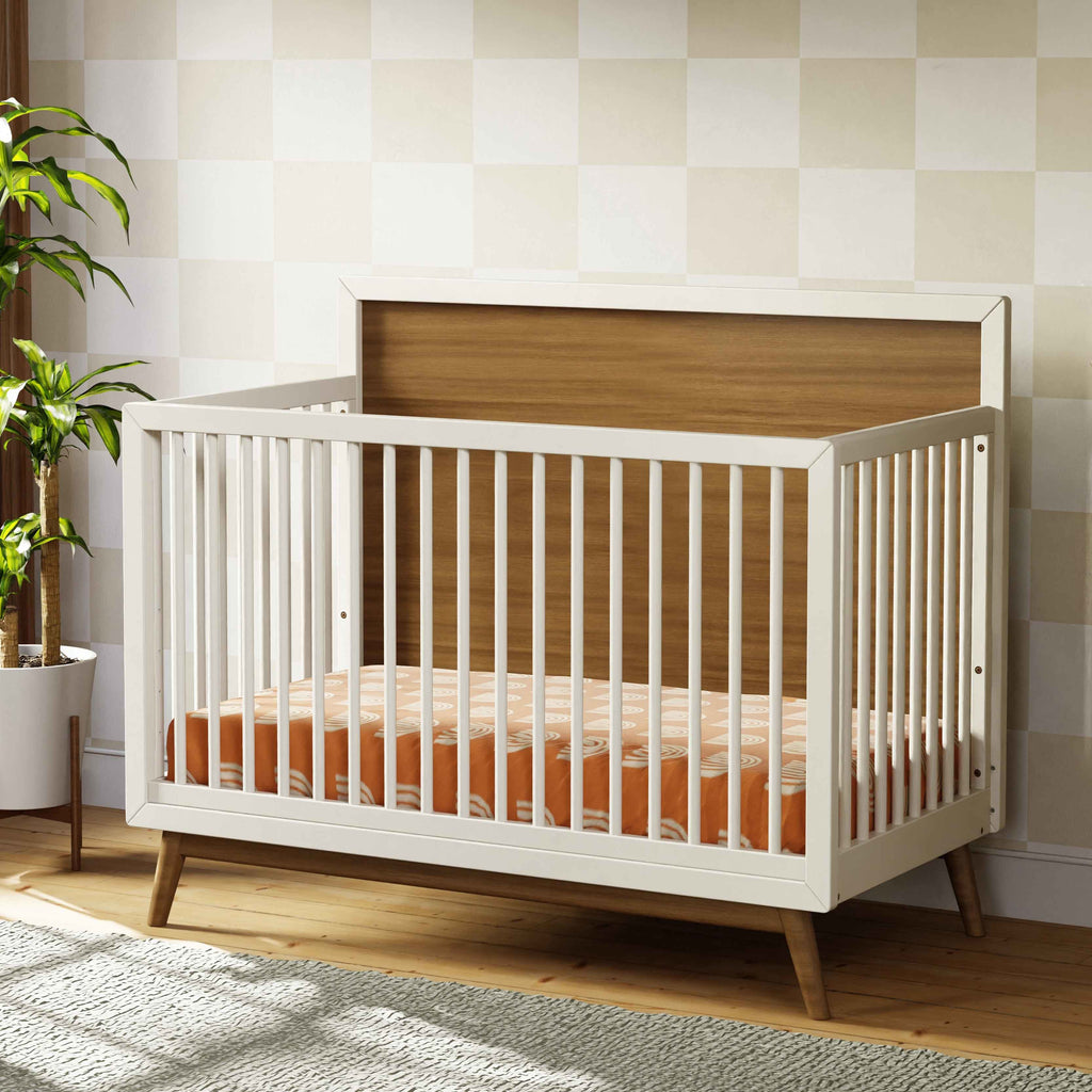 M15901RWNL,Babyletto,Palma Mid-Century 4-in-1 Convertible Crib w/ToddlerBedConversion in WarmWhite/Natural Walnut