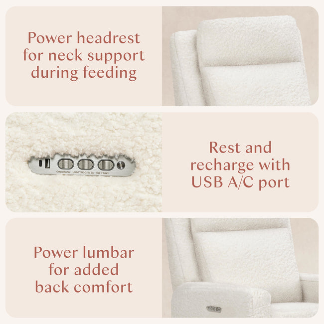 M23082CMSGLB,Babyletto,Sigi Pro Power Glider Recliner w/ Power Lumbar in Cream Shearling w/Light Wood Base