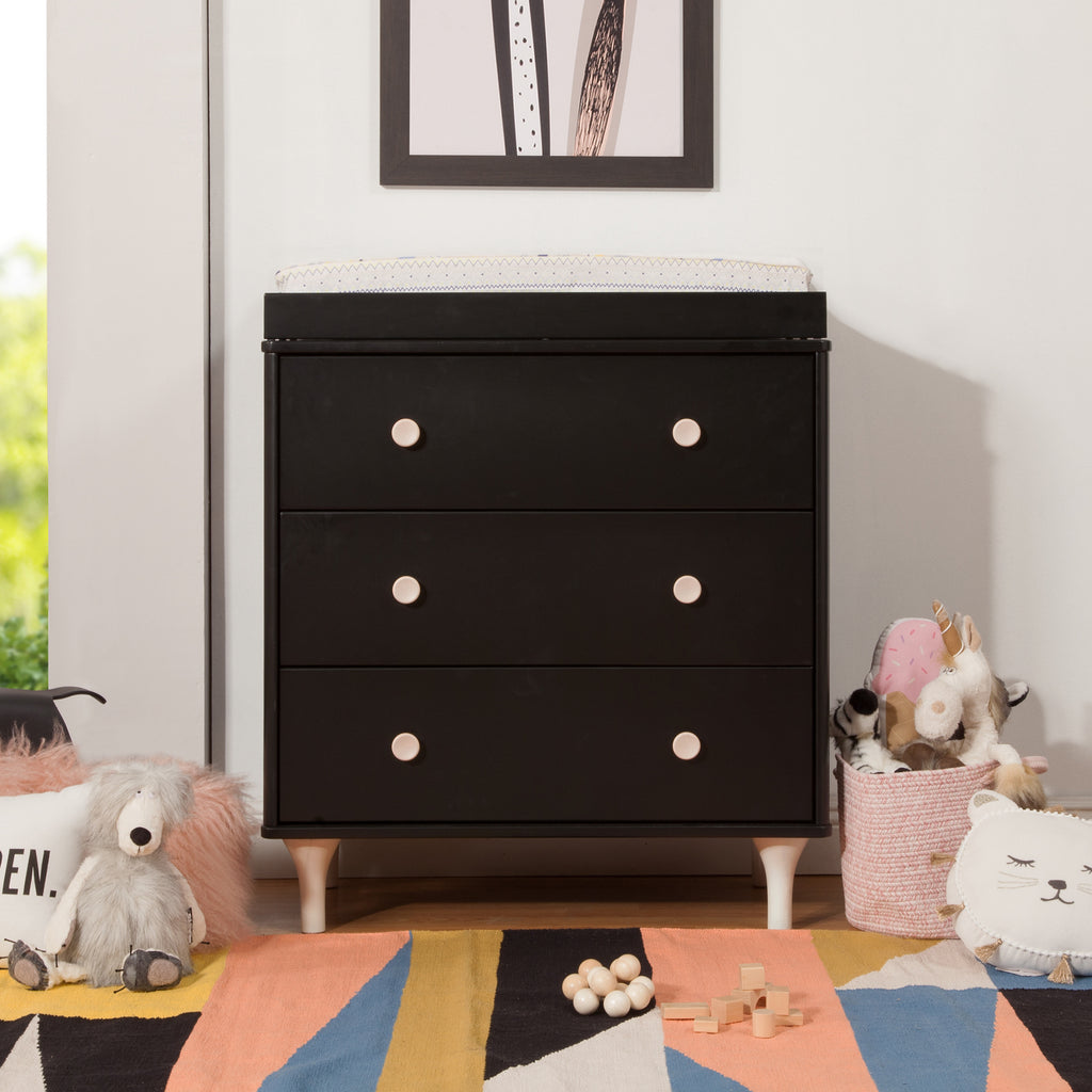 M9023BNX,Lolly 3-Drawer Changer Dresser w/Removable Changing Tray in Black/Washed Natural