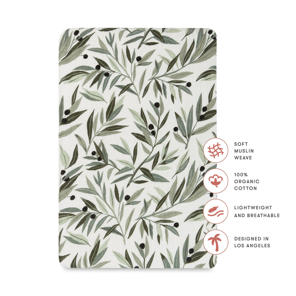 T28234,Olive Branches Muslin All-Stages Bassinet Sheet in GOTS Certified Organic Cotton