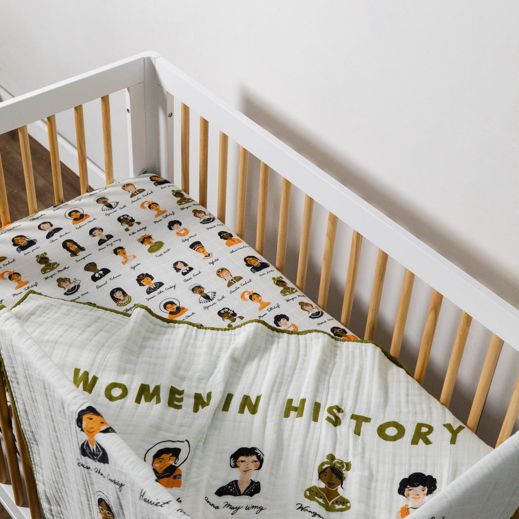 T28435,Women In History Muslin Crib Sheet in GOTS Certified Organic Cotton