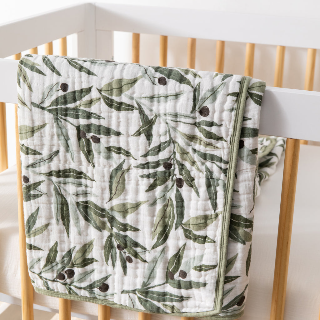 T28239,Olive Branches Muslin Quilt in GOTS Certified Organic Cotton