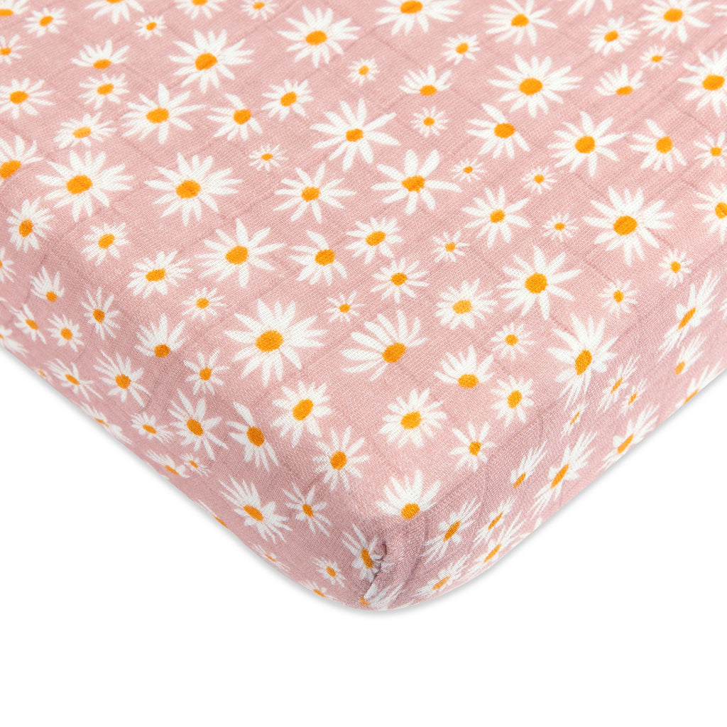 T28036,Daisy Muslin Mini Crib Sheet in GOTS Certified Organic Cotton