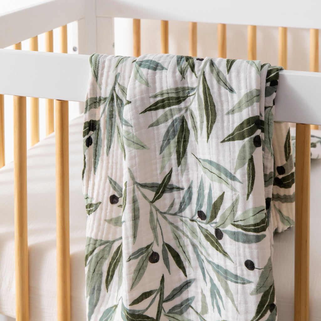 T28238,Olive Branches Muslin Swaddle in GOTS Certified Organic Cotton