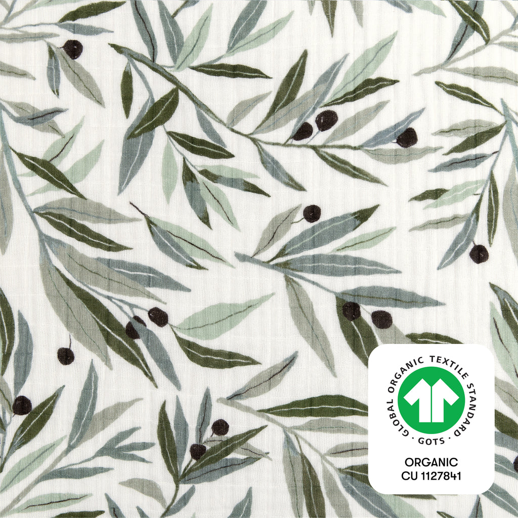 T28236,Olive Branches Muslin Mini Crib Sheet in GOTS Certified Organic Cotton
