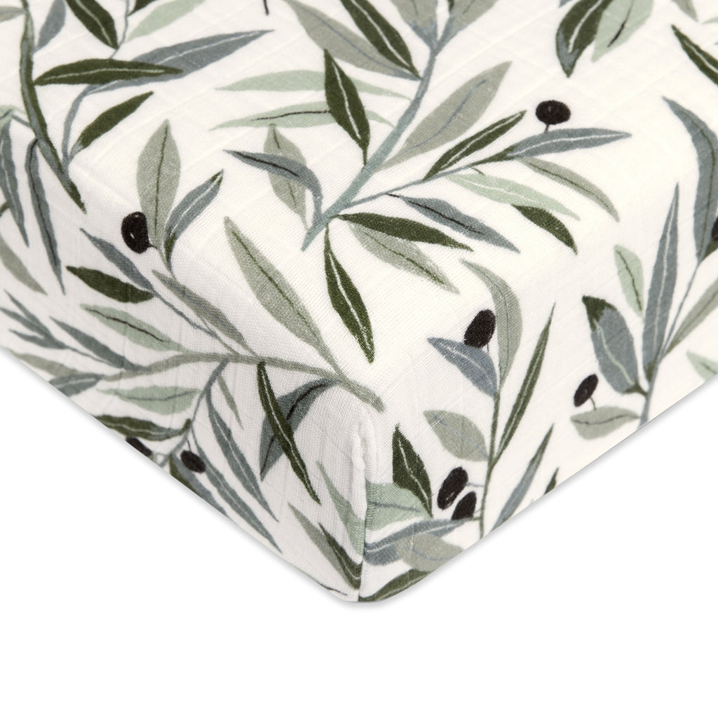 T28235,Olive Branches Muslin Crib Sheet in GOTS Certified Organic Cotton