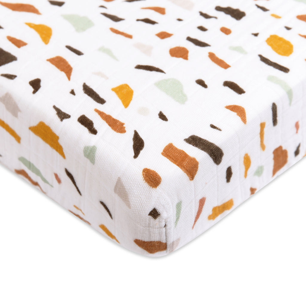 T29136,Terrazzo Muslin Mini Crib Sheet in GOTS Certified Organic Cotton