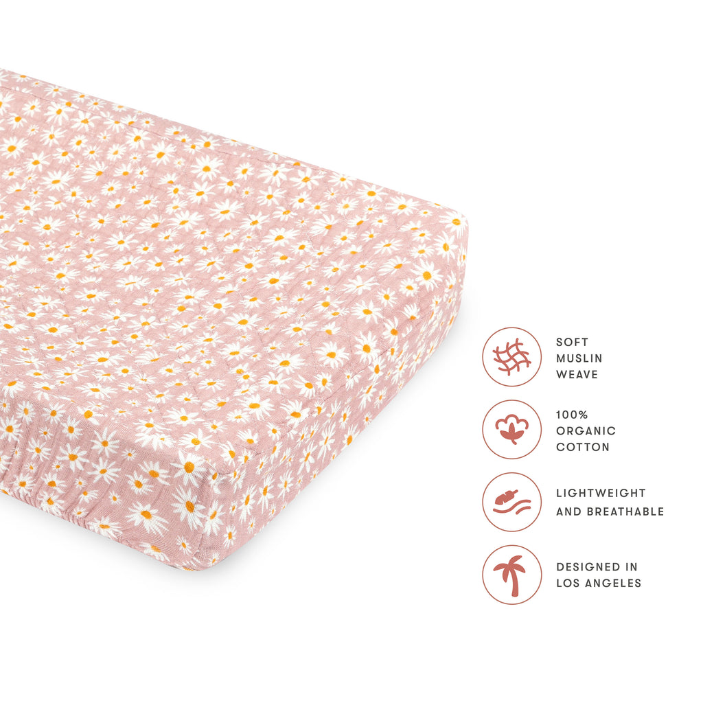 T28037,Daisy Quilted Muslin Changing Pad Cover in GOTS Certified Organic Cotton