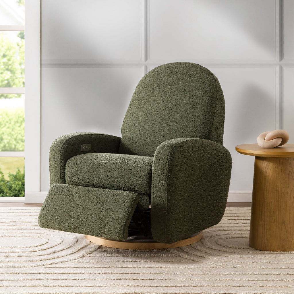 M23188OBLB,Nami Glider Recliner w/ Electronic Control and USB in Olive Boucle w/Light Wood Base