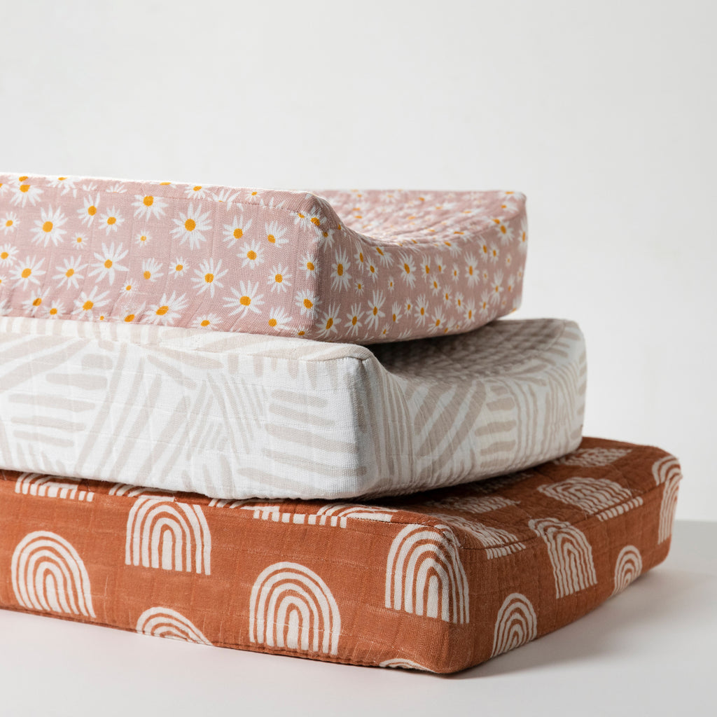 T29237,Oat Stripe Quilted Muslin Changing Pad Cover in GOTS Certified Organic Cotton