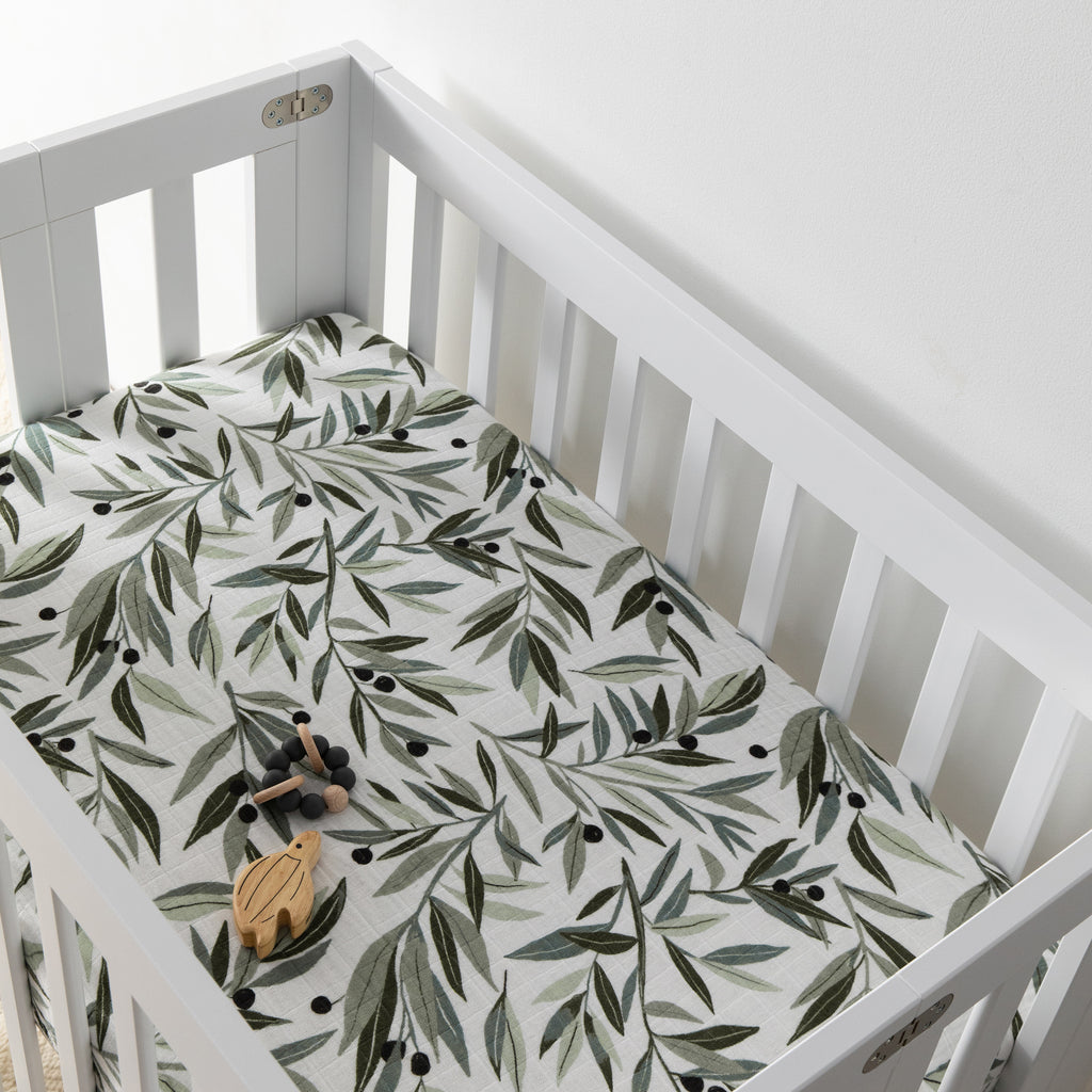T28236,Olive Branches Muslin Mini Crib Sheet in GOTS Certified Organic Cotton