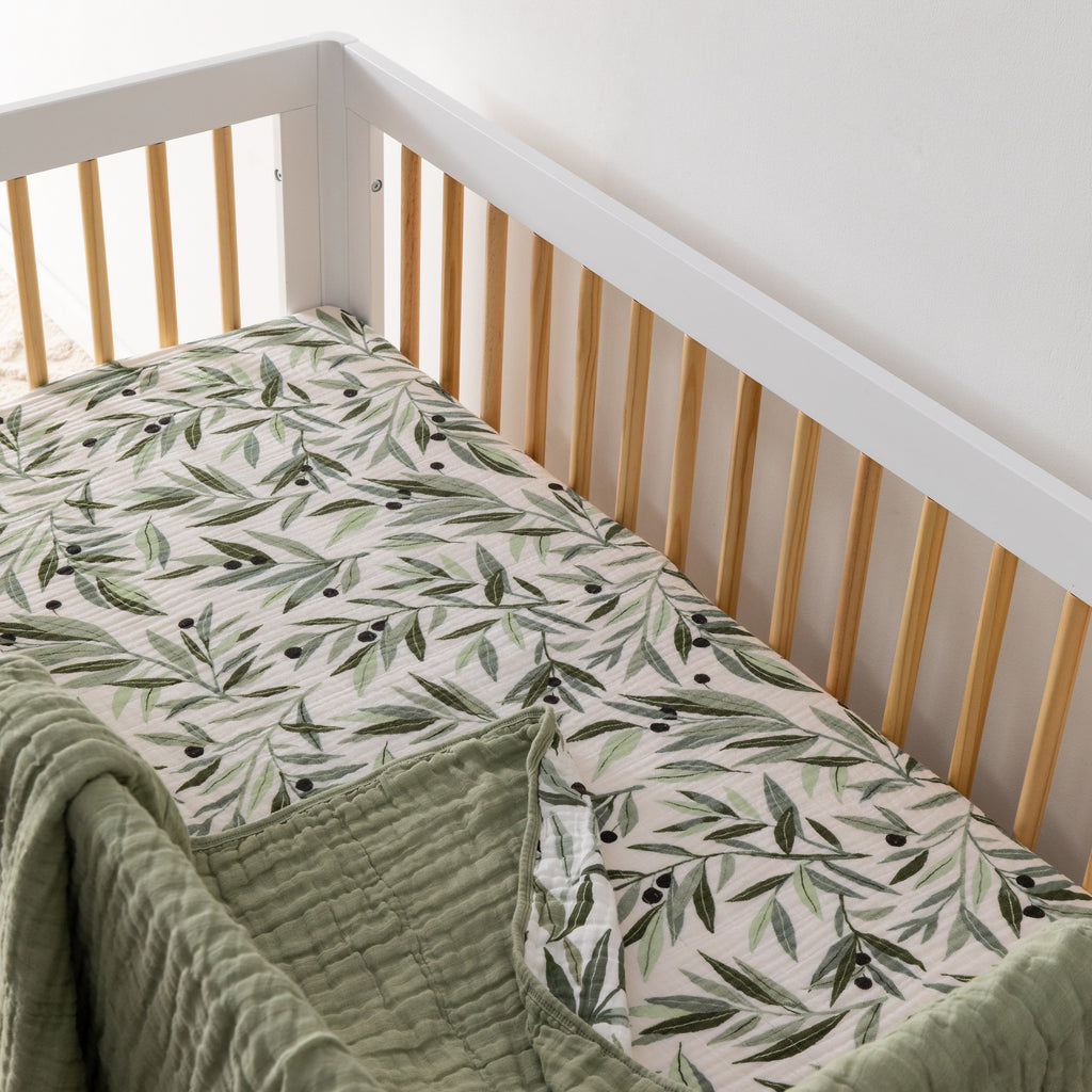 T28235,Olive Branches Muslin Crib Sheet in GOTS Certified Organic Cotton