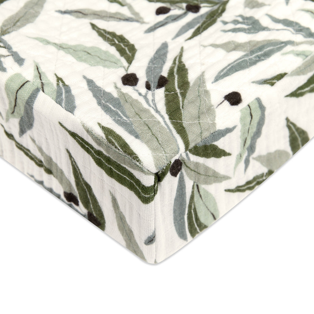 T28237,Olive Branches Quilted Muslin Changing Pad Cover in GOTS Certified Organic Cotton